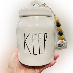 Rae Dunn “Keep” Canister with Wooden Beads and “Enjoy” Charm